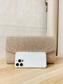 SIIZA Glamorous Glitter Bling, Sequin, Luxury, Shiny Glitter Rhinestone Decor Pleated Detail Flap Square Bag Evening Bag, Dinner Bag Faux Pearl, Rhinestone For Party Girl, Woman, Bride Perfect For Party, Wedding, Prom, Dinner/Banquet, For