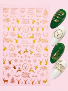 1 hoja Pegatina de arte de uña patrón alce de Navidad - Dorado - Ver 1