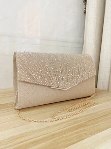 SIIZA Glamorous Glitter Bling, Sequin, Luxury, Shiny Glitter Rhinestone Decor Pleated Detail Flap Square Bag Evening Bag, Dinner Bag Faux Pearl, Rhinestone For Party Girl, Woman, Bride Perfect For Party, Wedding, Prom, Dinner/Banquet, For