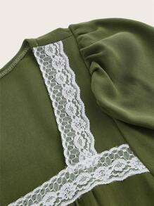 ROMWE Fairycore Contrast Lace Square Neck Flounce Sleeve Dress - Army Green - View 3