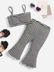 SHEIN Bộ đồ Em bé Xù nhỏ Gân đan Nơ trước Sọc Ăn mặc đẹp - Đen và trắng - Xem 1