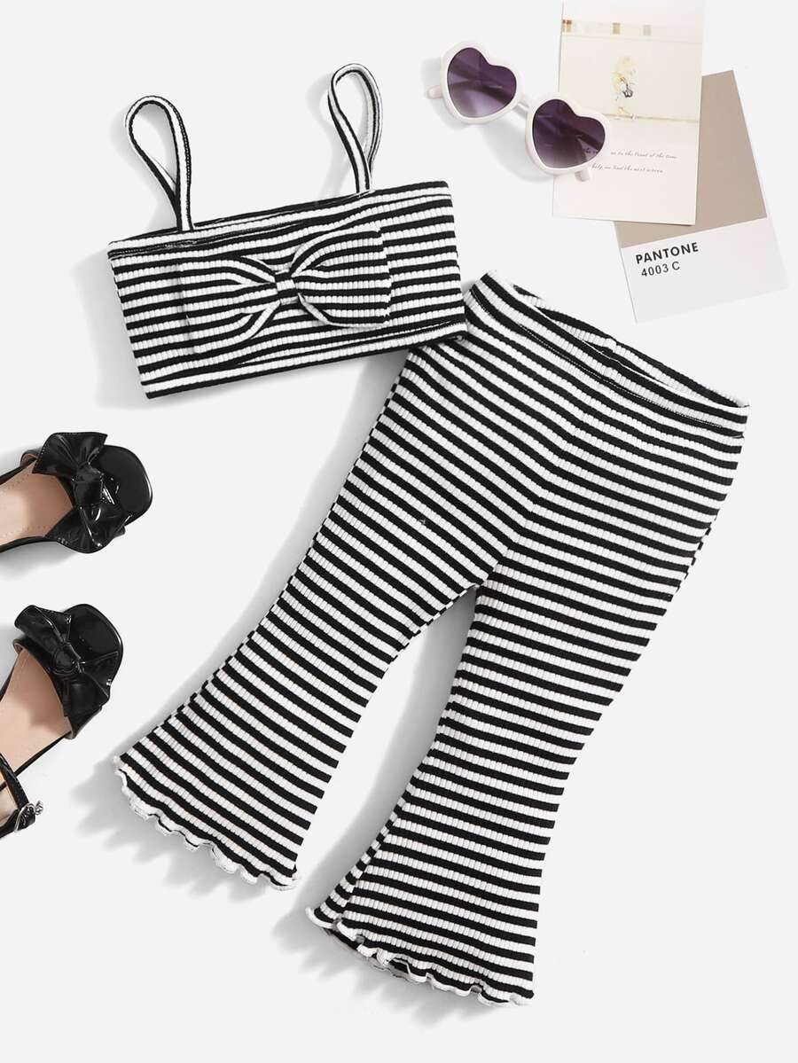 SHEIN Bộ đồ Em bé Xù nhỏ Gân đan Nơ trước Sọc Ăn mặc đẹp - Đen và trắng - Xem 1