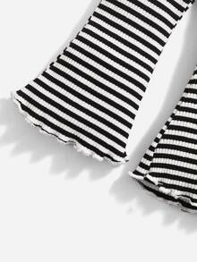 SHEIN Bộ đồ Em bé Xù nhỏ Gân đan Nơ trước Sọc Ăn mặc đẹp - Đen và trắng - Xem 3