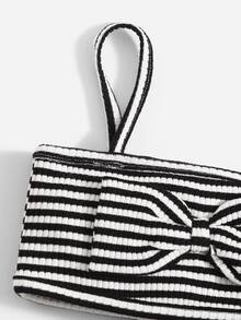 SHEIN Bộ đồ Em bé Xù nhỏ Gân đan Nơ trước Sọc Ăn mặc đẹp - Đen và trắng - Xem 4