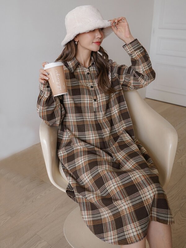 DAZY 1pc Plaid Half Button Dress SHEIN UK