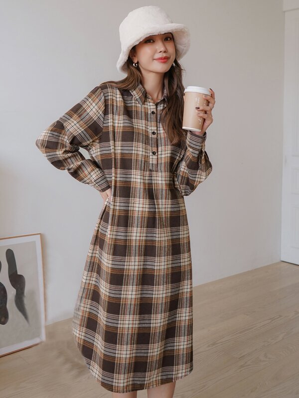 DAZY 1pc Plaid Half Button Dress SHEIN UK