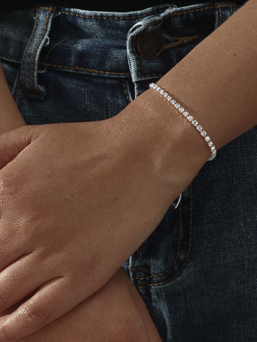 Rhinestone Decor 925 Sterling Silver Bracelet - Silver - View 1