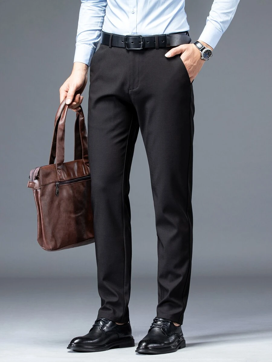 Men Solid Slant Pocket Trousers Without Belt - Black - View 1