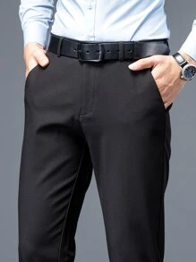 Men Solid Slant Pocket Trousers Without Belt - Black - View 4