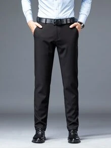 Men Solid Slant Pocket Trousers Without Belt - Black - View 6