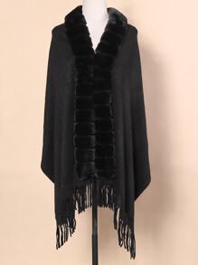 One Black Ladies' Warm Shawl With Long fluffy Collar, Suitable For Parties, Gatherings, Daily Wear, Travel, And Festivals - Black - View 1