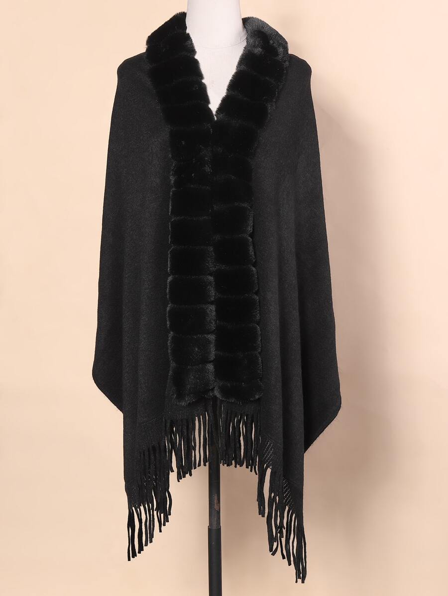 One Black Ladies' Warm Shawl With Long fluffy Collar, Suitable For Parties, Gatherings, Daily Wear, Travel, And Festivals - Black - View 1
