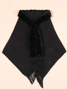One Black Ladies' Warm Shawl With Long fluffy Collar, Suitable For Parties, Gatherings, Daily Wear, Travel, And Festivals - Black - View 2