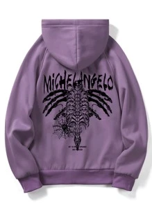 ROMWE MEN Guys Letter Skeleton Graphic Kangaroo Pocket Drawstring Hoodie - Purple - View 1