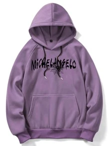 ROMWE MEN Guys Letter Skeleton Graphic Kangaroo Pocket Drawstring Hoodie - Purple - View 2