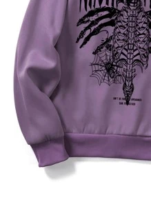 ROMWE MEN Guys Letter Skeleton Graphic Kangaroo Pocket Drawstring Hoodie - Purple - View 4