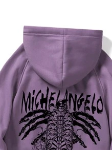 ROMWE MEN Guys Letter Skeleton Graphic Kangaroo Pocket Drawstring Hoodie - Purple - View 5