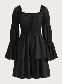 ROMWE Goth Solid Frill Trim Flounce Sleeve Dress - Black - View 5