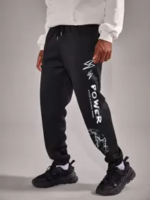 ROMWE MEN Guys Letter Lightning Graphic Sweatpants - Black - View 1