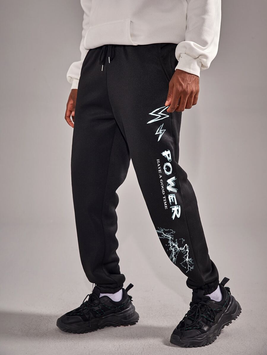 ROMWE MEN Guys Letter Lightning Graphic Sweatpants - Black - View 1
