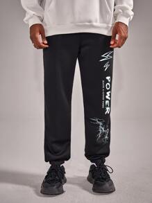 ROMWE MEN Guys Letter Lightning Graphic Sweatpants - Black - View 4