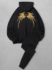 ROMWE MEN Guys Wings And Letter Graphic Drawstring Hoodie & Sweatpants - Black - View 1