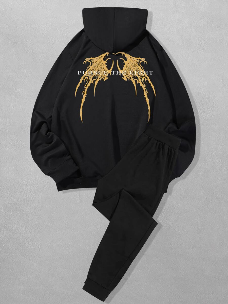 ROMWE MEN Guys Wings And Letter Graphic Drawstring Hoodie & Sweatpants - Black - View 1