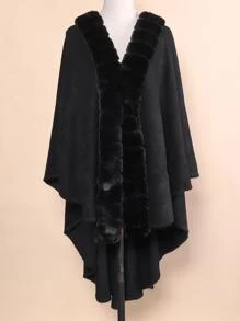 1pc Women's Winter Warm Multicolor Cape With Hooded Short Plush Lining, Suitable For Air-conditioned Room, Outdoor Activities, Travel, Parties And Festivals Dressing - Black - View 1