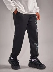 ROMWE MEN Guys Letter Lightning Graphic Sweatpants - Black - View 5