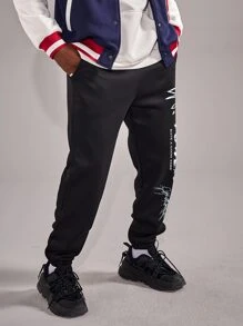 ROMWE MEN Guys Letter Lightning Graphic Sweatpants - Black - View 6