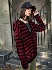 ROMWE Grunge Punk Striped Zip Up Hooded Cardigan - Burgundy - View 3