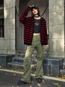 ROMWE Grunge Punk Striped Zip Up Hooded Cardigan - Burgundy - View 4