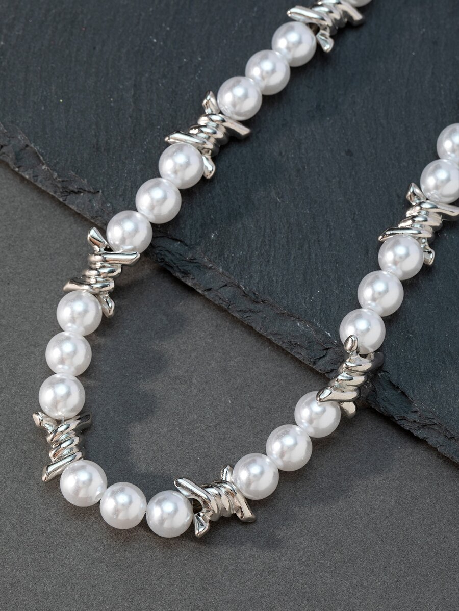 男士假珍珠裝飾串珠項鍊 - 彩色 - 查看 1