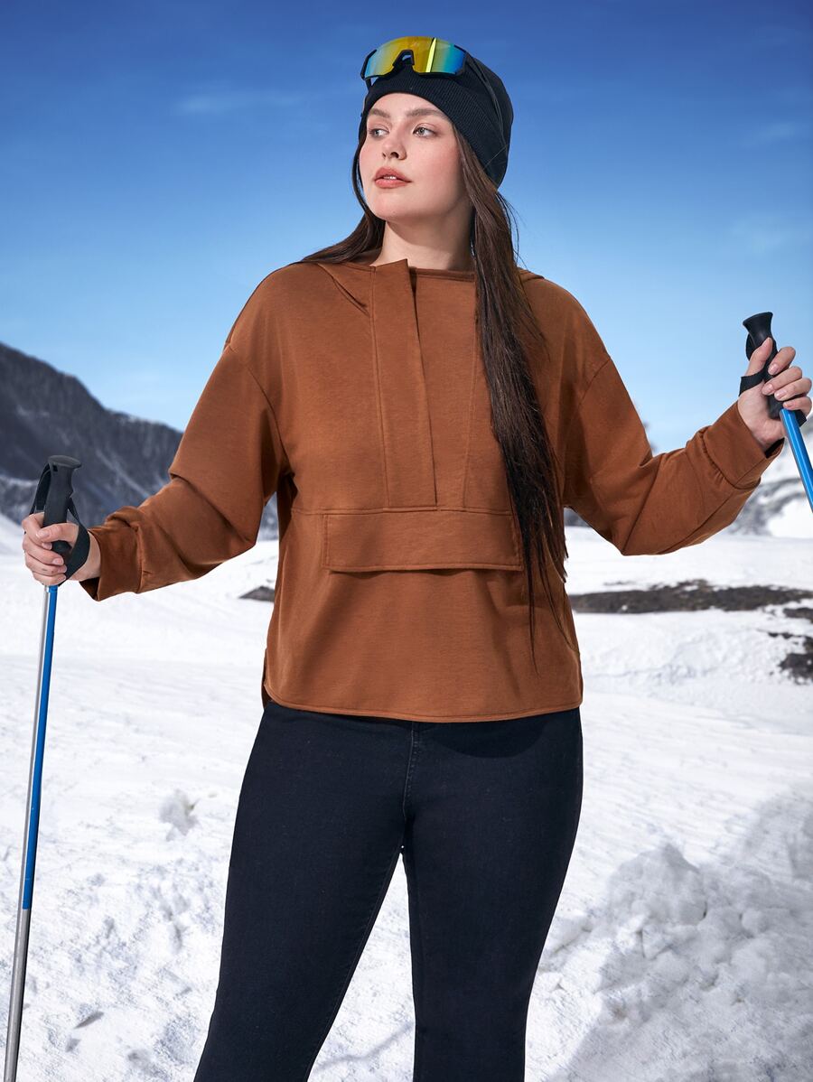 Plus Solid Drop Shoulder Hooded Sports Sweatshirt - Coffee Brown - View 1