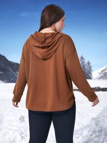 Plus Solid Drop Shoulder Hooded Sports Sweatshirt - Coffee Brown - View 2