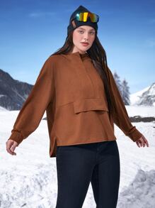 Plus Solid Drop Shoulder Hooded Sports Sweatshirt - Coffee Brown - View 4