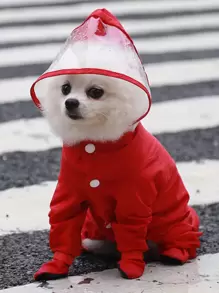 Hooded Pet Raincoat - Red - View 1