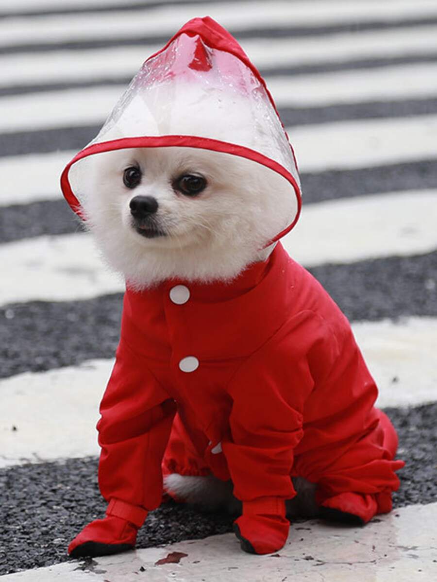 Hooded Pet Raincoat - Red - View 1
