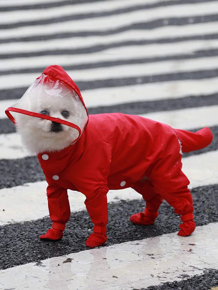 Hooded Pet Raincoat - Red - View 2