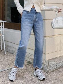 DAZY 毛边直筒牛仔裤，返校服