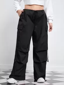 SHEIN EZwear Plus Flap Pocket Side Drawstring Waist Pants - Black - View 1