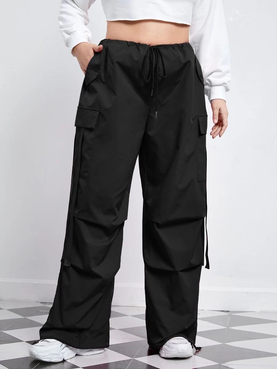 SHEIN EZwear Plus Flap Pocket Side Drawstring Waist Pants - Black - View 1