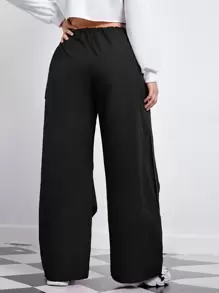 SHEIN EZwear Plus Flap Pocket Side Drawstring Waist Pants - Black - View 2