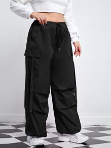 SHEIN EZwear Plus Flap Pocket Side Drawstring Waist Pants - Black - View 3