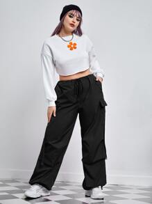 SHEIN EZwear Plus Flap Pocket Side Drawstring Waist Pants - Black - View 4