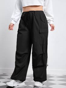 SHEIN EZwear Plus Flap Pocket Side Drawstring Waist Pants - Black - View 5