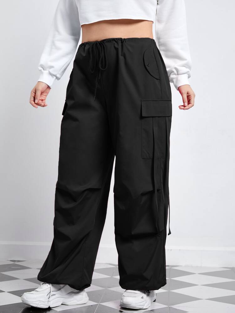 SHEIN EZwear 大碼側翻蓋口袋腰部抽繩長褲 - 黑色 - 查看 5
