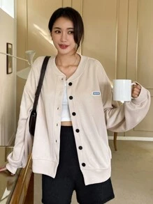 DAZY 字母補丁細節落肩袖飛行員夾克 - 杏色 - 查看 2