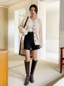 DAZY 字母補丁細節落肩袖飛行員夾克 - 杏色 - 查看 4