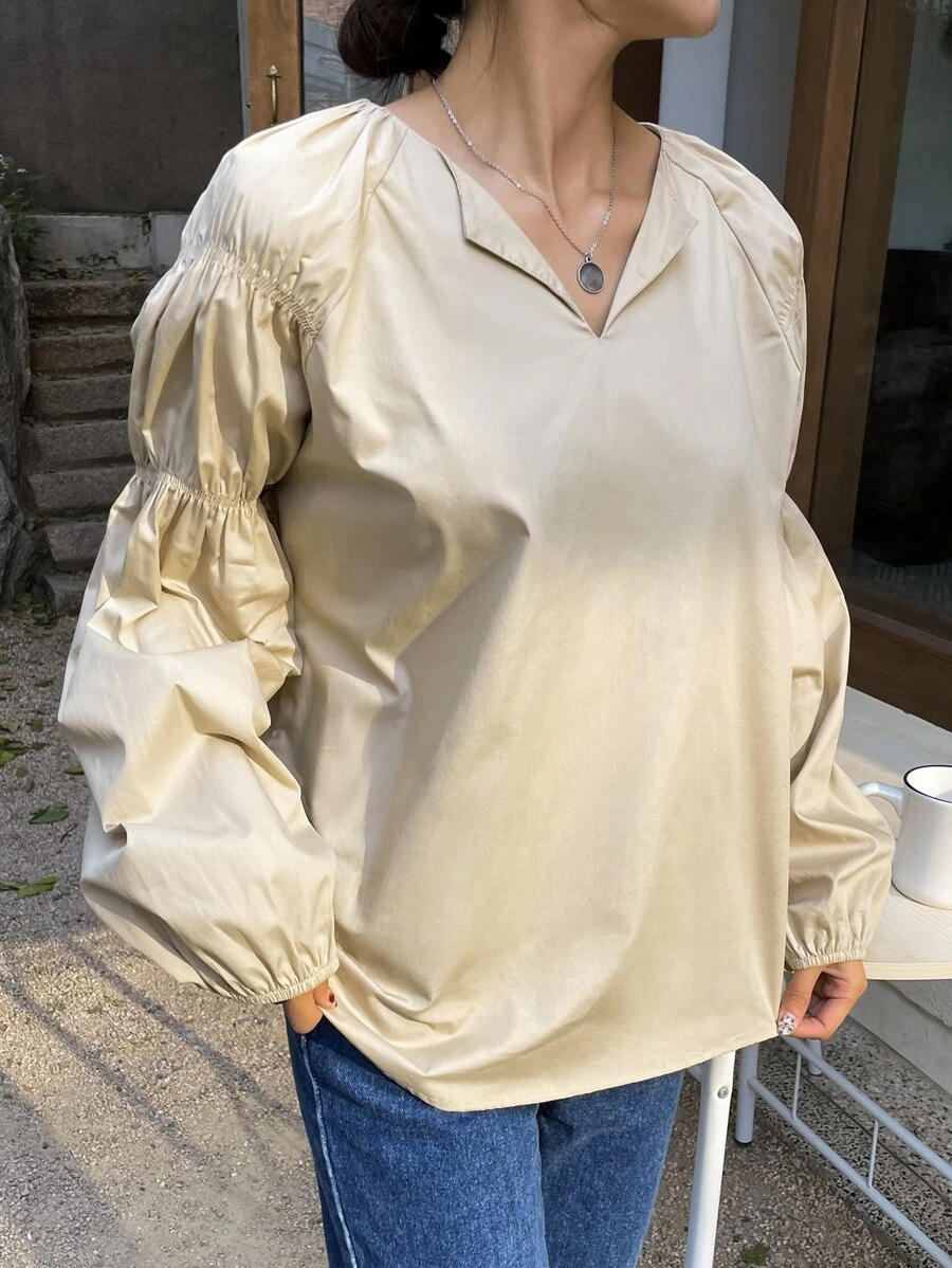 DAZY Notched Neckline Lantern Sleeve Blouse - Apricot - View 1